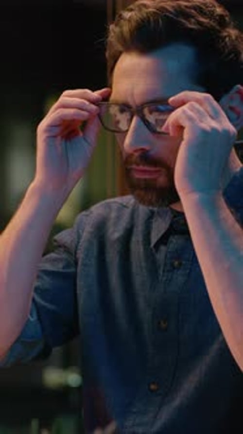 Businessman Employee in Dark Night Office Wearing Eyeglasses Business Man Working Computer Online