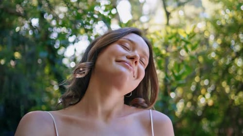 Sensual Woman Enjoying Wind Posing Forest Portrait Gentle Model Looking Camera