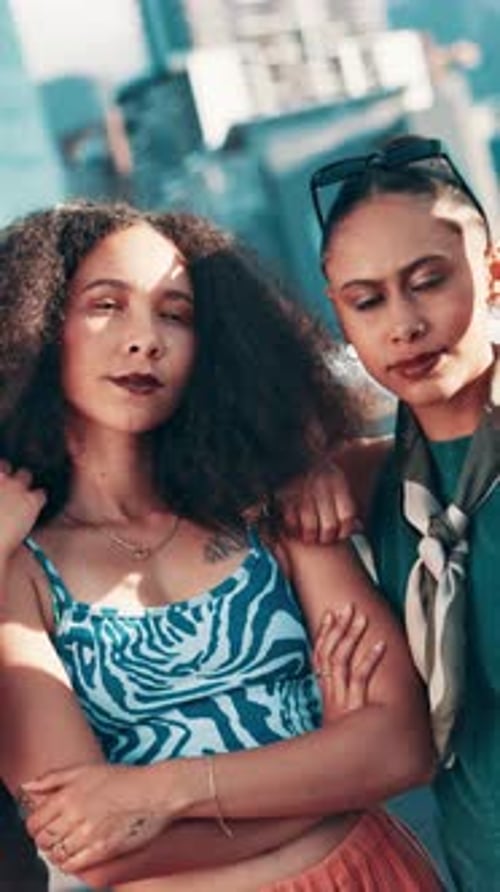 City, confidence and face of friends for fashion, edgy and group of people with trend clothes