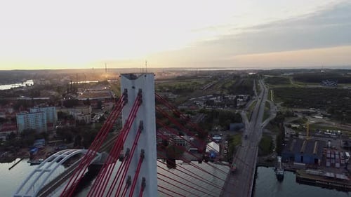 Aerial orbit shot of Cable-Stayed Bridge On Motława River In Gdansk, Poland