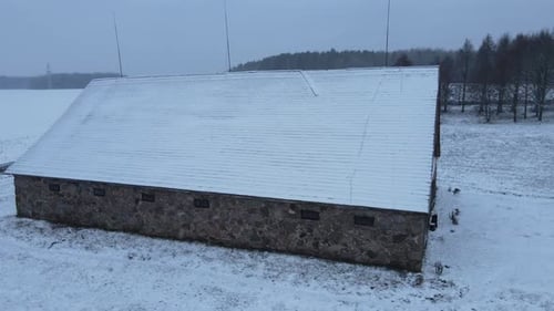 Old Stone Barn In Field Aerial View Peak District Snow Winter Belarus