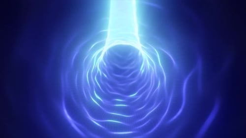 Bright cyan-blue digital tunnel with flowing light lines creating a futuristic energy stream