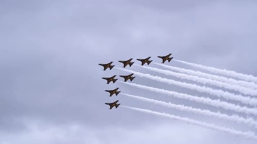 Jets Flying Formation in Sky Leaving Vapor Trails