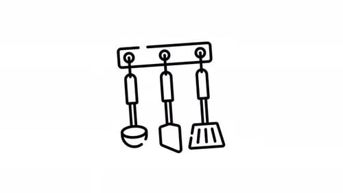 Kitchen utensil rack line icon with hanging tools for cooking animation