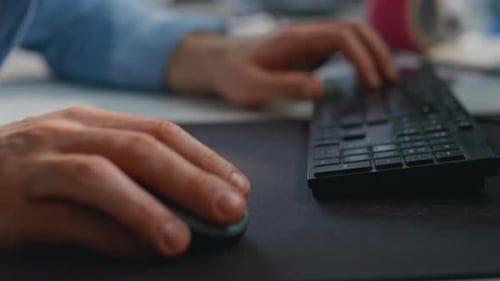 Guy Fingers Typing Computer at Corporate Office Closeup Man Pressing Buttons