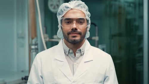 Portrait of a Man Scientist in Uniform Working in Curative Laboratory