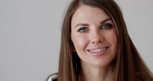 Smiling Woman with Braces Close Up Portrait