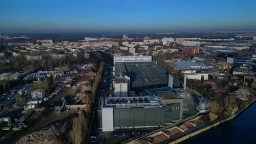 Large data center processing cloud computing infrastructure. Fantastic aerial view drone