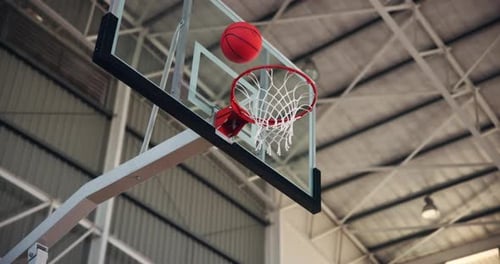 Empty, sports and basketball in net, hoop and competition in campus court