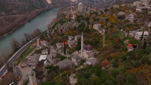 Aerial view of pocitelj fortress and neretva river, Bosnia and Herzegovina.