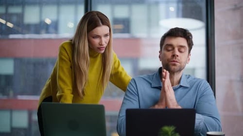 Professional Trainer Teaching Intern Dissatisfied Work at Laptop Office Closeup