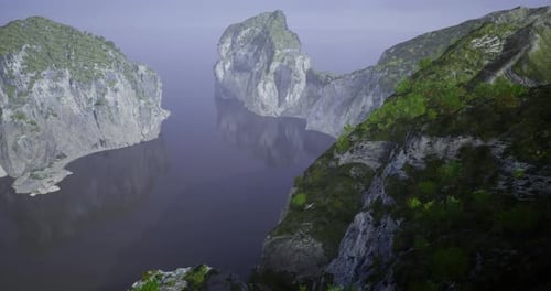Majestuosos acantilados y aguas tranquilas al amanecer en un paisaje sereno