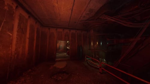 Abandoned Maintenance Area Featuring Rusted Door and Dark Shadows