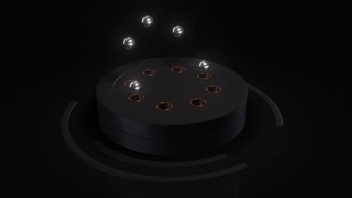 Futuristisches schwarzes kreisförmiges Design mit schwebenden Kugeln