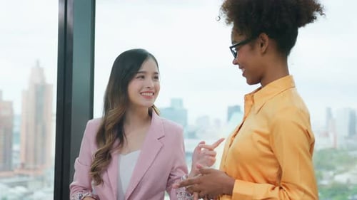 Group of professional businessman and woman walk on corridor in office.