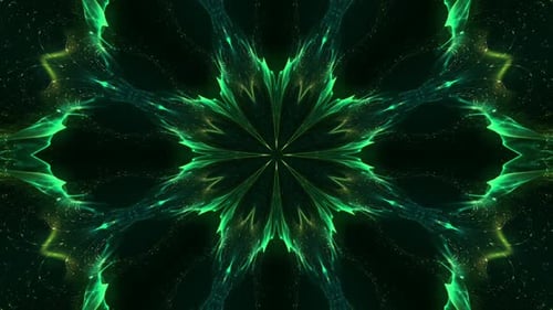 Abstract Glowing Light Green Kaleidoscope Stars Shape Flower Motion Background
