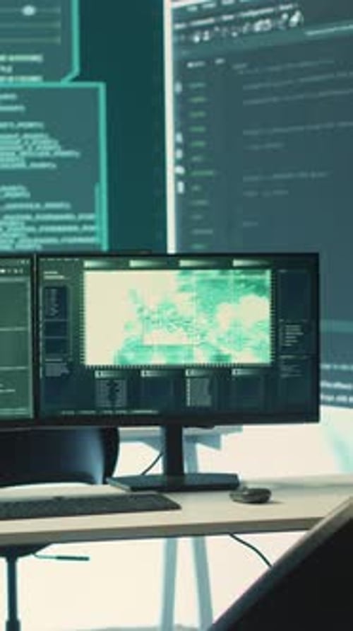 Vertical Video Empty Cyber Operations Center for Governmental Hacking and Threat Detection