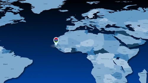 World Map with Gambia Location Pin Indicator Animation