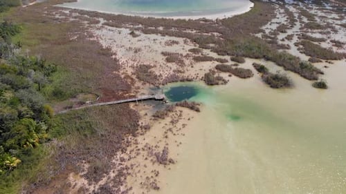 Drone : Vue aérienne à l'approche d'un cénote près de Bacalar au Mexique