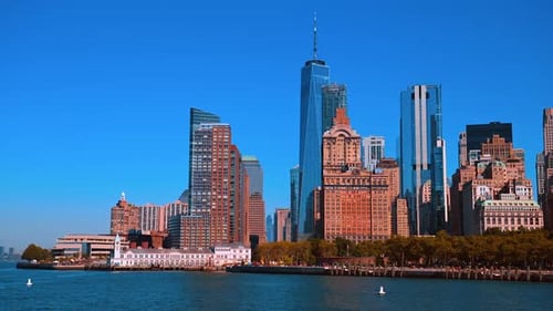 Gorgeous New York skyscrapers and high-rises against blue clear sky.