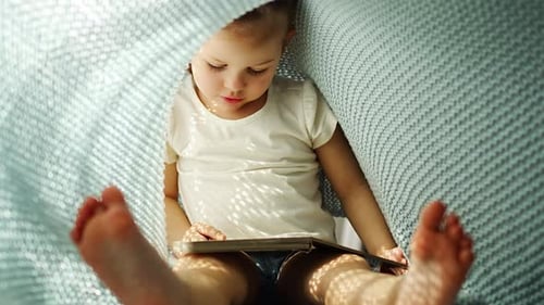 Little Girl Enjoying of Review a Book Under Blue Knitted Plaid in Sunny Morning
