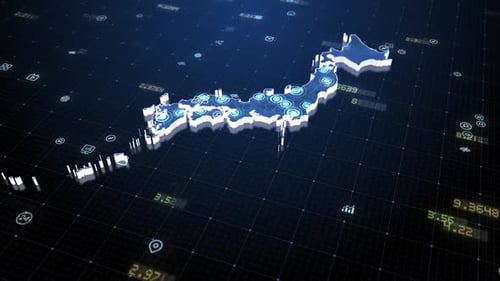 Digital Map of Japan with Futuristic Network and Data Overlay