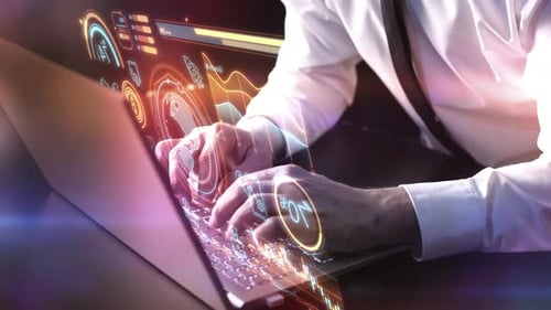 Virtuelles Infografie-Panel vor einem Laptop