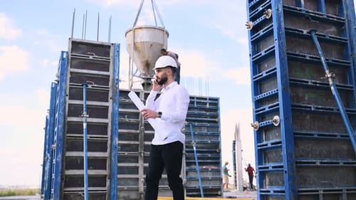 Talking by phone. Young engineer in hard hat and uniform is on the construction site