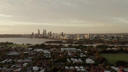 Drone Panorama of modern skyline with tower,skyscraper and bay of Perth,Australia