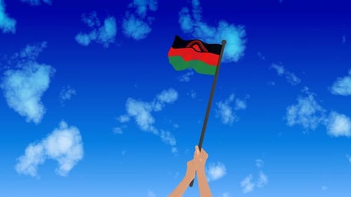 Malawi National Flag Waving in Blue Sky with Cartoon Clouds