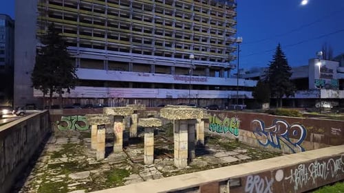 Abandoned National hotel at night building Chisinau city centre Moldova