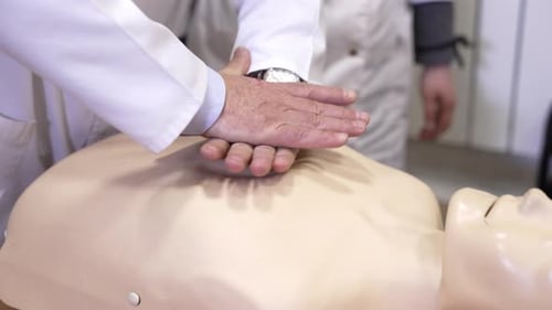 CPR training medical procedure workshop. Model dummy for CPR training in medical class
