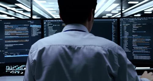 Vista traseira de perto do programador masculino escrevendo código por desktops na sala de servidores