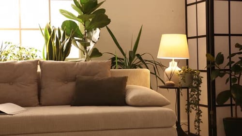 Bright Interior With Couch and Plants, Modern Design