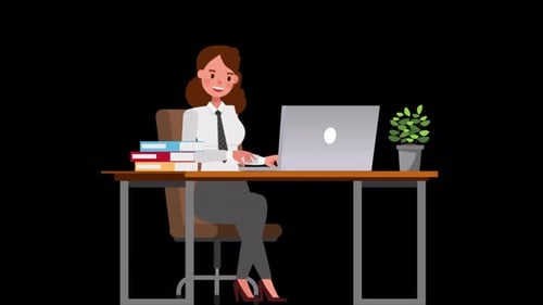 Female Office Worker Working On Computer In Office On Alpha Channel