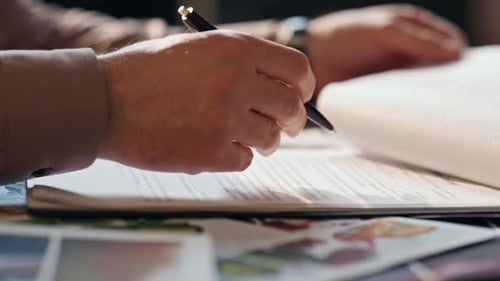 Closeup businessman hand signing contract at office table. Man putting signature