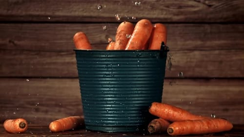 Carrots in a Bucket with Raindrops Filmed is Slow Motion 1000 Fps