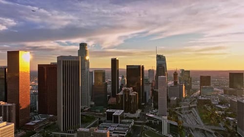 Los Angeles Skyline at Sunset LA Skyscrapers in Dusk Aerial View Los Angeles Cityscape Los Angeles