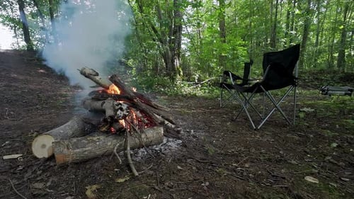A Stack Of Woods On Fire At An Open Area Surrounded By Trees With A Camping Chair