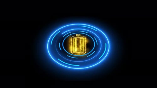 Akku-Symbol auf voll aufgeladenem Smartphone, leuchtende Neon-Weltraumtechnologie, 3D-Kreis auf dem Interface-HUD