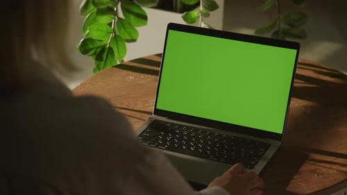 Woman Using Laptop with Green Screen Indoors
