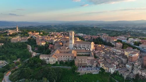 Aerial View of Perugia City Skyline at Sunset Golden Hour Umbria Italy