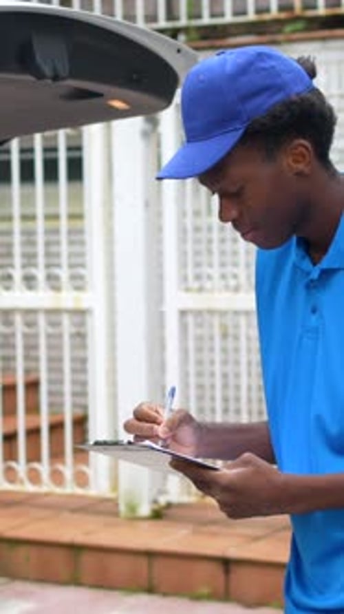 Delivery Worker Inspects Packages from Car