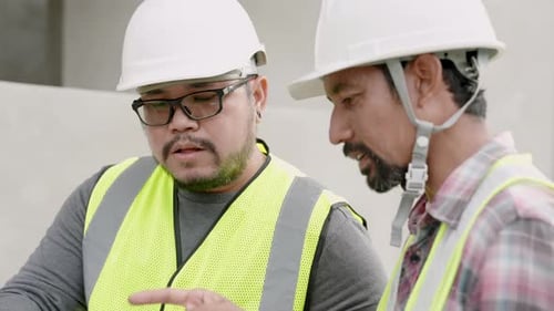 Nahaufnahme stehen zwei männliche Bauingenieure auf der Baustelle gegenüber und sprechen über ihre gemeinsame Konst