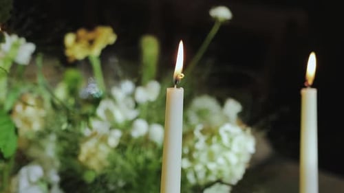 Close Up of Candles Burning near Elegant Flowers