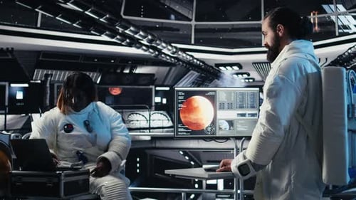 Astronaut Looking at Planet Visualization Before Stepping Out of Space Station