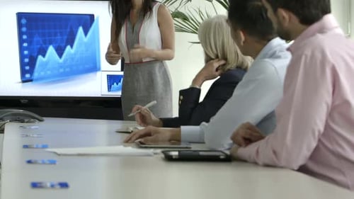 Business Presentation with Financial Charts and Diverse Team