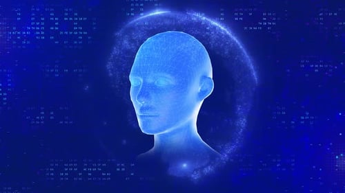 3D Futuristic Human Head with AI Brain Neural Network and Rotating Earth Globe