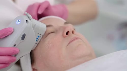 Woman Cosmetologist Performing Ultrasound Face Lift Beauty Treatment Client Lying Comfortably