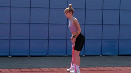 Young Woman Exercising with Resistance Band in Urban Setting